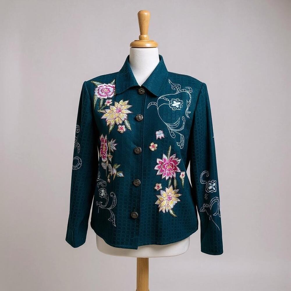 Alex Kim Shirt Jacket Sz PL Blue Floral Embroidered‎ Artsy Boho Western Whimsy